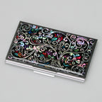 Mother of Pearl Arabesque Black Business Card Case - Slim Metal Credit Card Holder