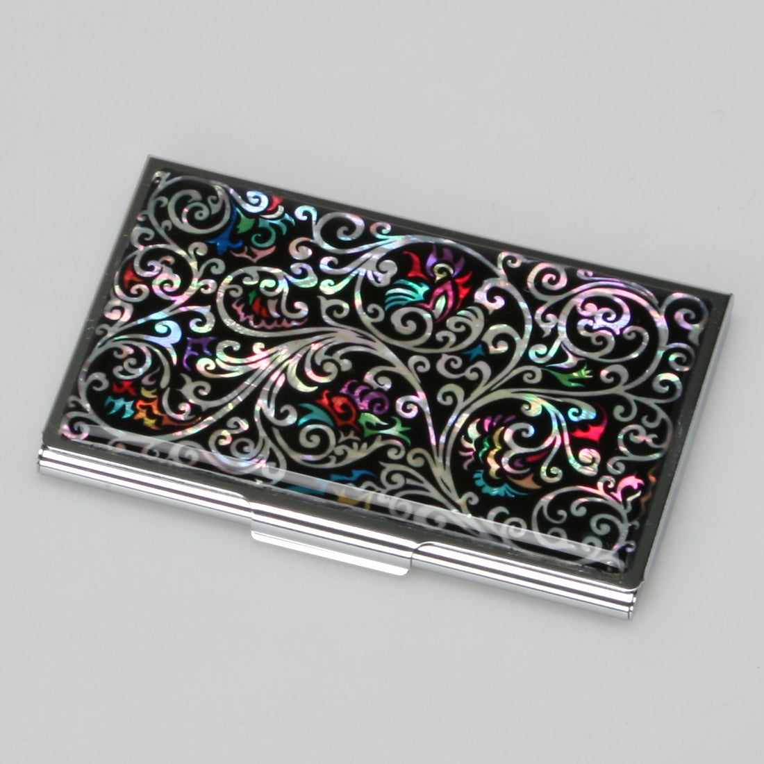 Mother of Pearl Arabesque Black Business Card Case - Slim Metal Credit Card Holder