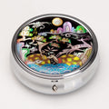 Mother of Pearl Long Life Emblems Pill Box - 3 Compartment Portable Round Vitamin Case