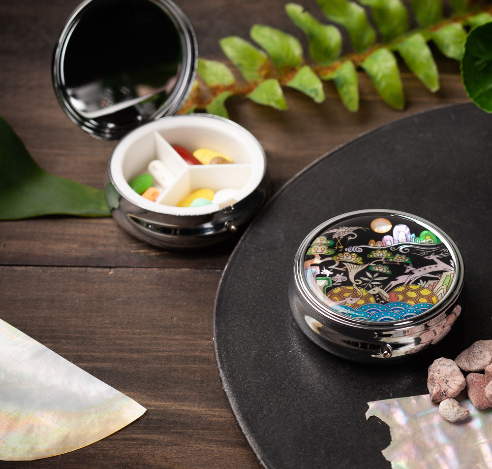 Mother of Pearl Long Life Emblems Pill Box - 3 Compartment Portable Round Vitamin Case