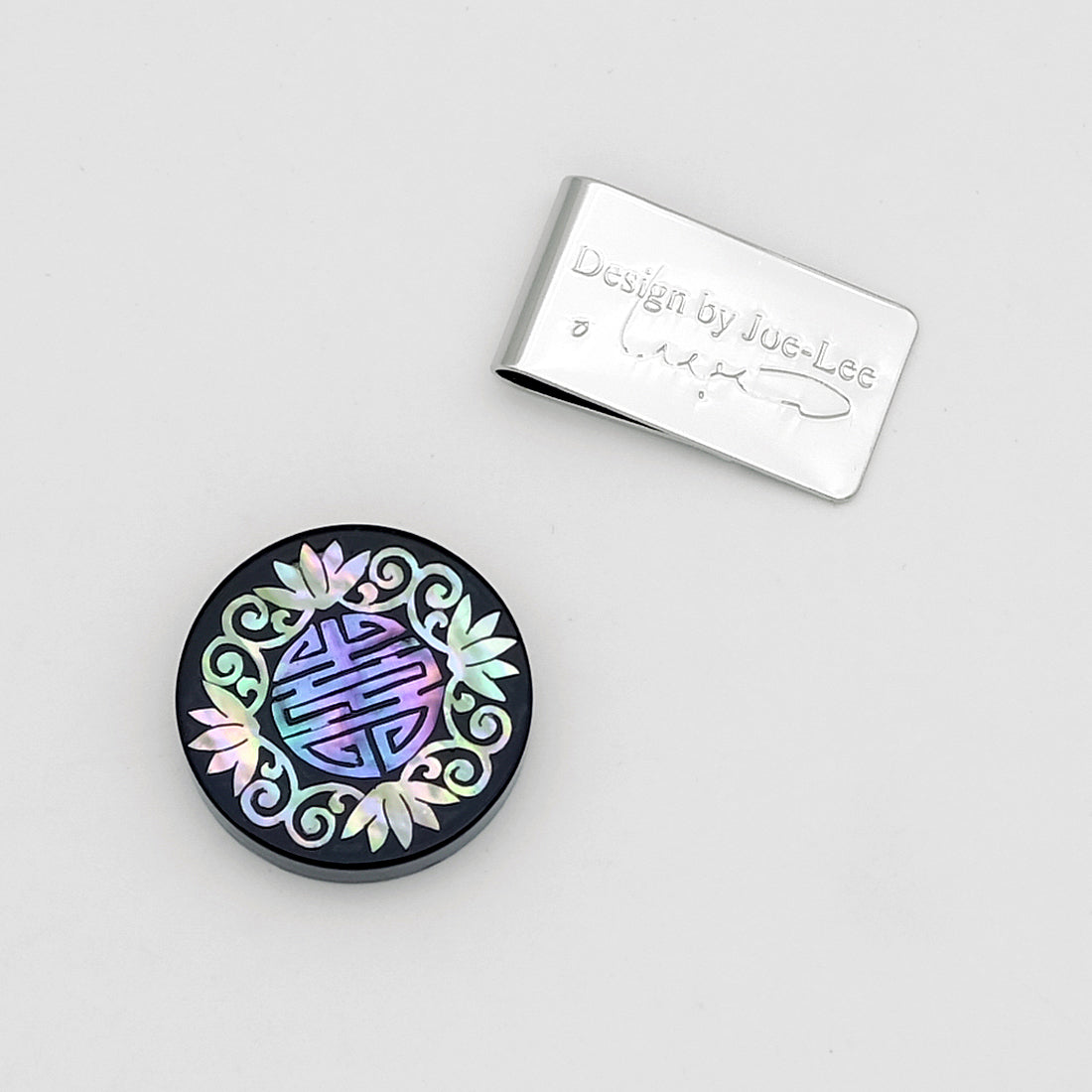 Mother of Pearl Set of 2 Black Golf Ball Marker with Arabesque and Korean Monster Design