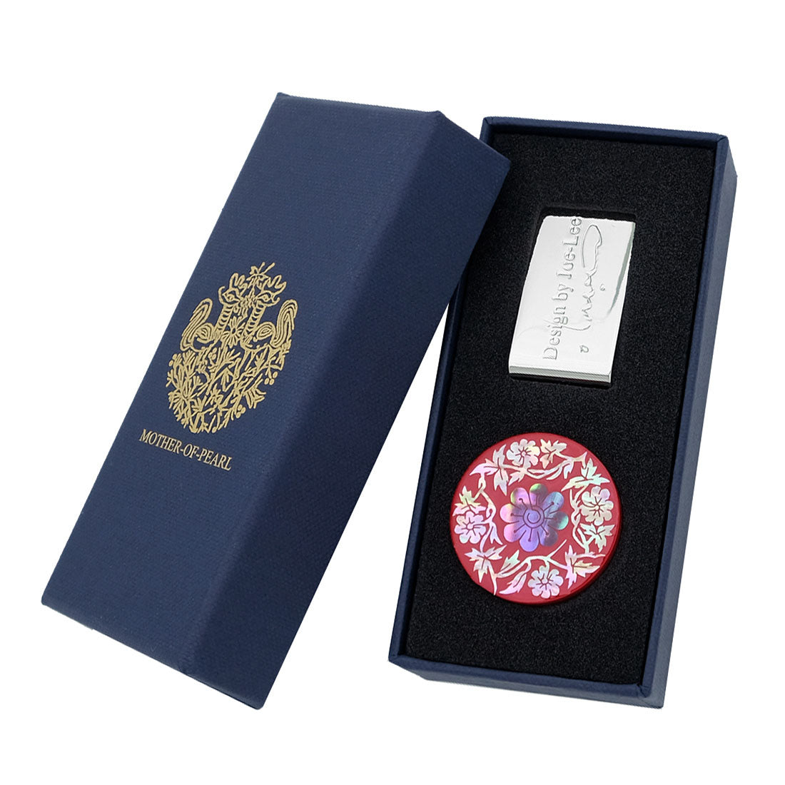 Mother of Pearl Red Golf Ball Marker Hat Clip Set with Chrysanthemum Design