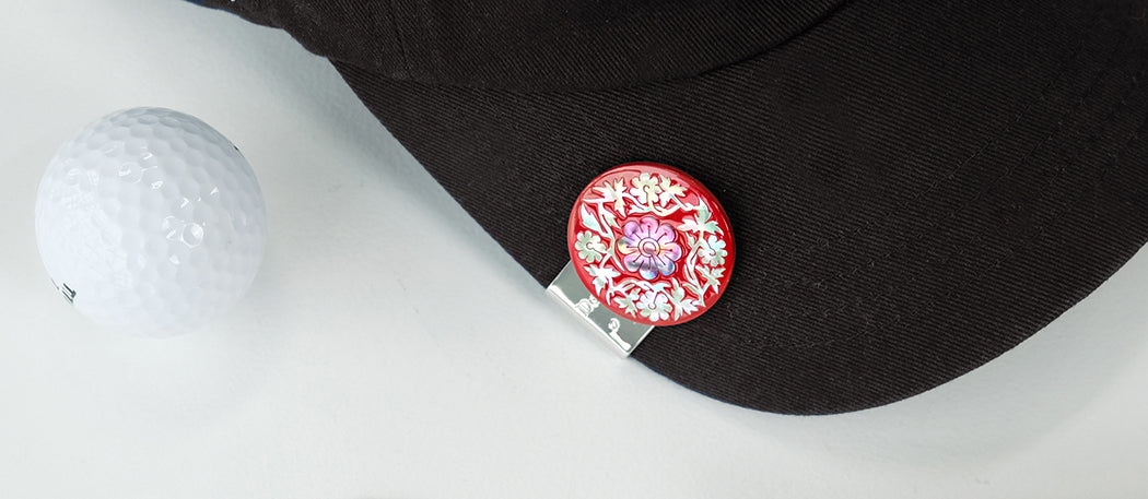 Mother of Pearl Set of 2 Red Golf Ball Marker Hat Clip Gift Set with Butterfly and Chrysanthemum Design