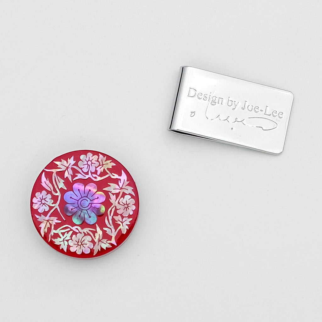 Mother of Pearl Red Golf Ball Marker Hat Clip Set with Chrysanthemum Design