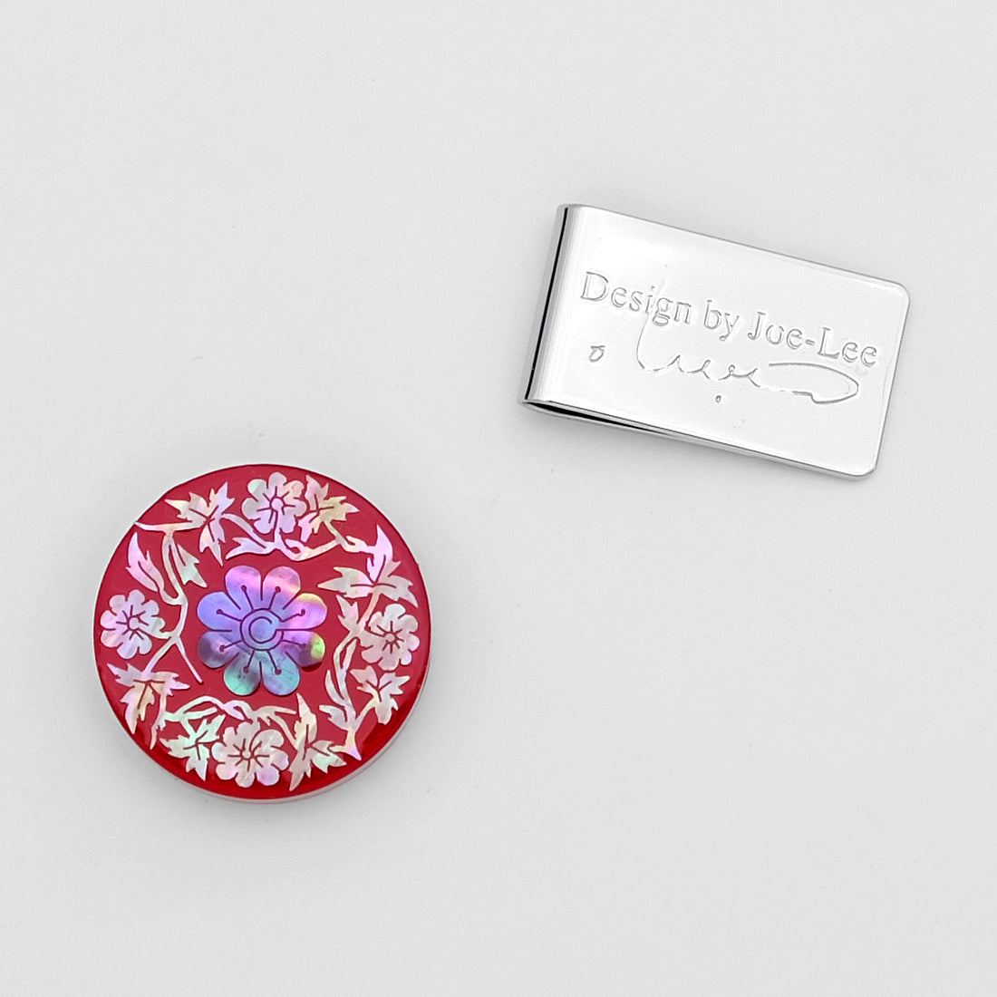 Mother of Pearl Set of 2 Red Golf Ball Marker Hat Clip Gift Set with Butterfly and Chrysanthemum Design
