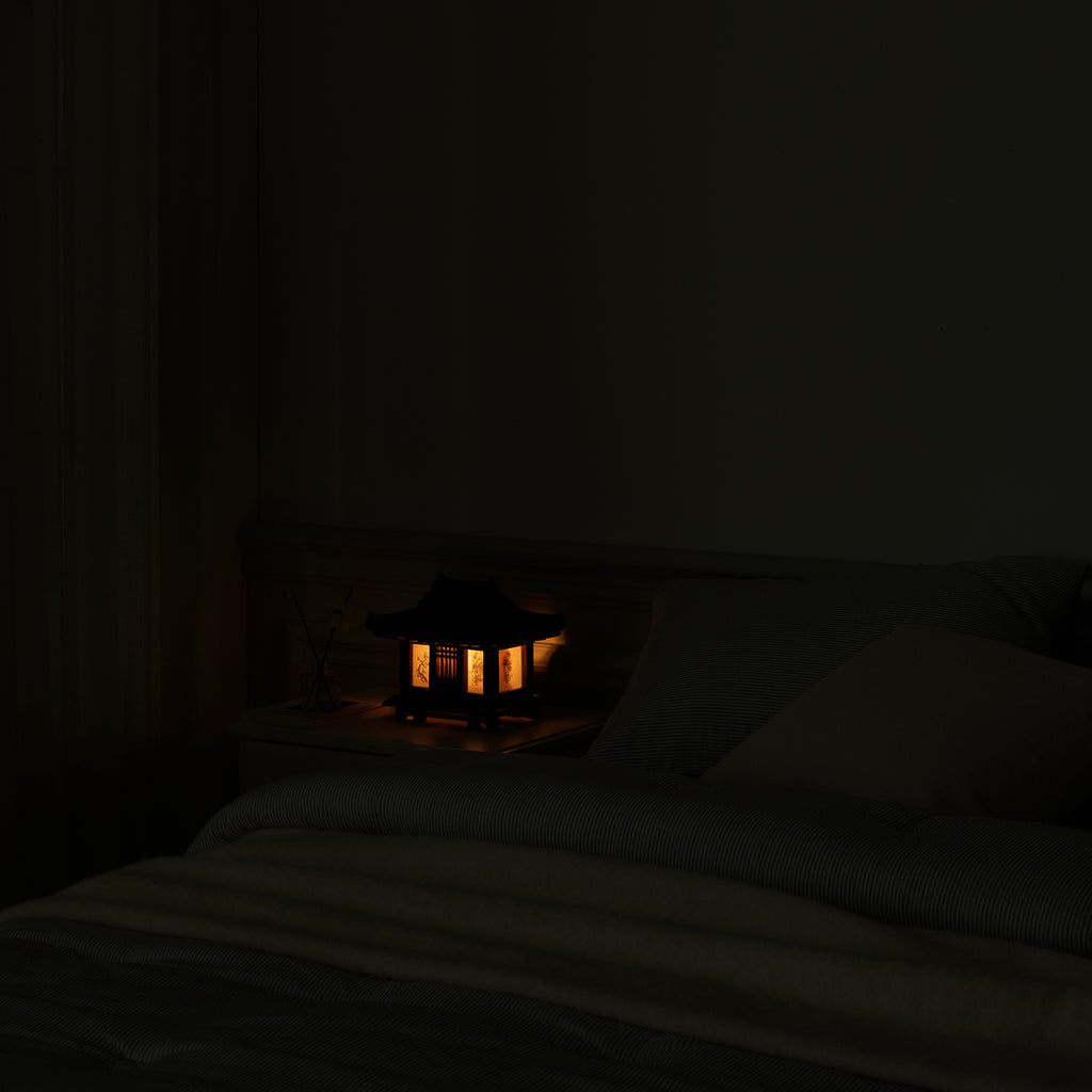 Carved Wood Bedside Lamp - Korean Hanok Miniature Bedroom Table Light
