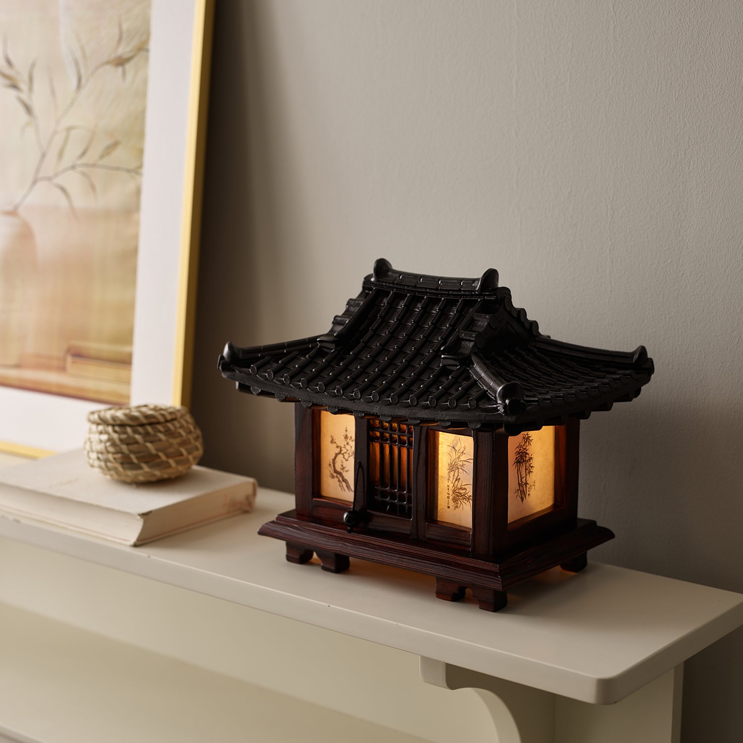 Carved Wood Bedside Lamp - Korean Hanok Miniature Bedroom Table Light