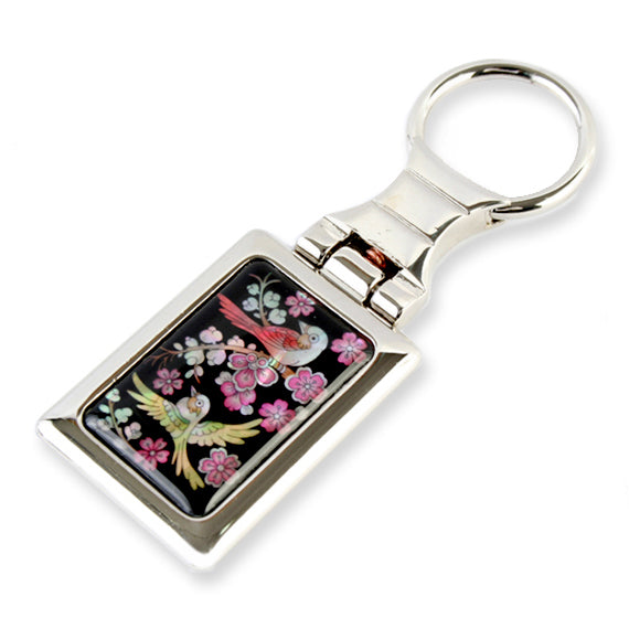 Apricot Blossom & Bird Mother of Pearl Keychain  – Metal Premium Bag Charm