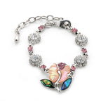 Mother of Pearl Pink Tulip Flower Rhinestone Dangle Shell Link Charm Bracelet