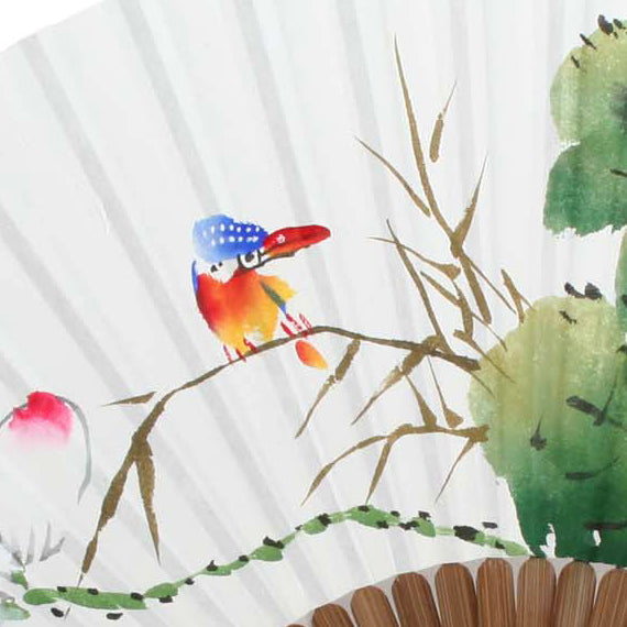 Folding Rice Paper Lotus Flower Bird Painting Bamboo Asian Wall Decor Hand Fan