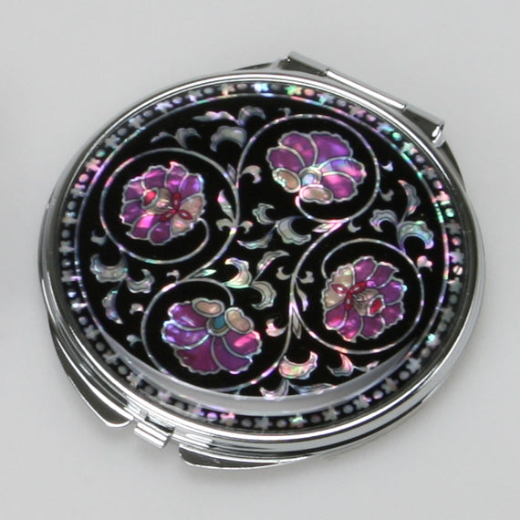 Mother of Pearl Purple Flower Makeup Purse Double Compact Cosmetic Beauty Mirror