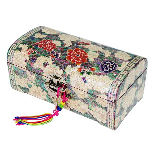 Mother of Pearl Flower 2-Tier Wood Jewelry Box Trinket Treasure Keepsake Chest