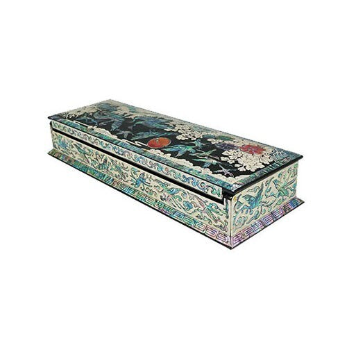 Mother of Pearl Inlay Desk Wood Pen Pencil Brush Holder Lid Case Box Organizer