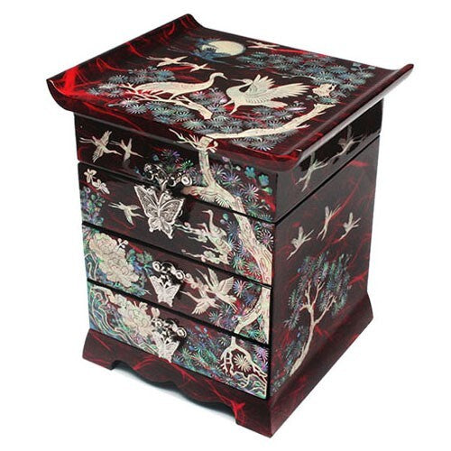 Mother of Pearl Red Wood Jewelry Ring Box Decorative Trinket Chest Case