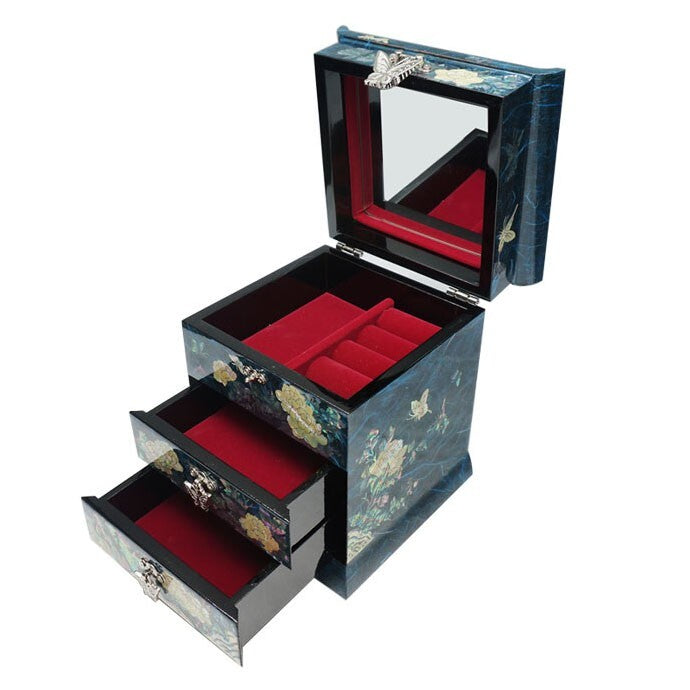 Mother of Pearl Blue Wood Jewelry Box Gift Trinket Keepsake Treasure Chest Case