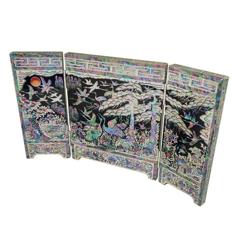 Mother of Pearl Inlay Wood Mini Folding Screen Wall Room Art Deco Plaque Accent