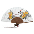 Handpaint Folding Paper Yellow Flower Painting Bamboo Wood Wall Hand Art Fan 