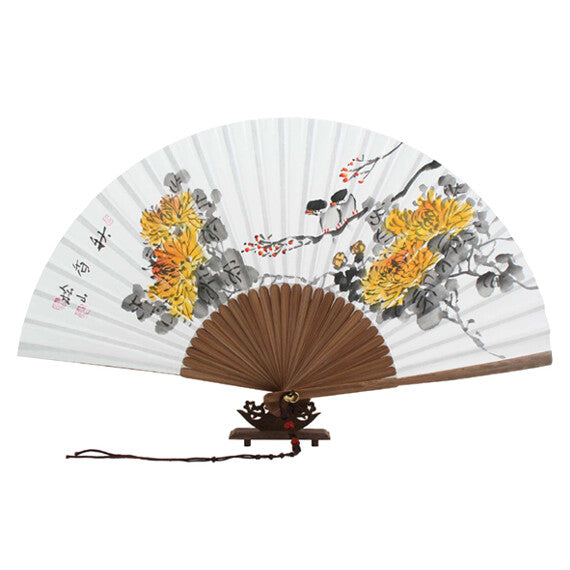 Handpaint Folding Paper Yellow Flower Painting Bamboo Wood Wall Hand Art Fan 
