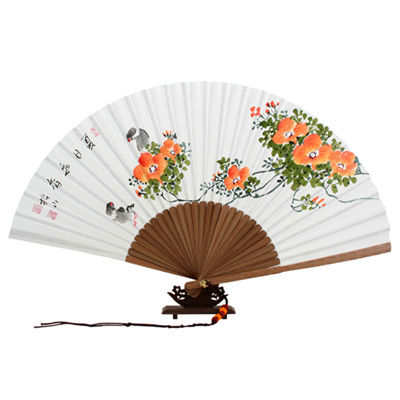 Hand Painted Orange Flower Painting Design Folding Paper Bamboo Art Handheld Fan
