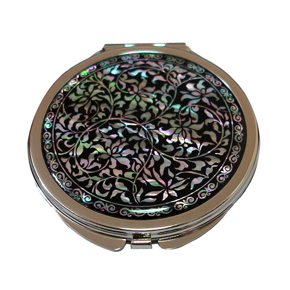 Mother of Pearl Black Compact Cosmetic Makeup Round Handbag Purse Pocket Mirror