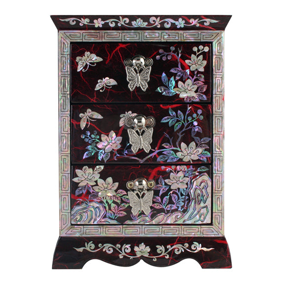 Mother of Pearl Inlay Red Lacquer Wood Jewelry Trinket Drawer Keepsake Box Case