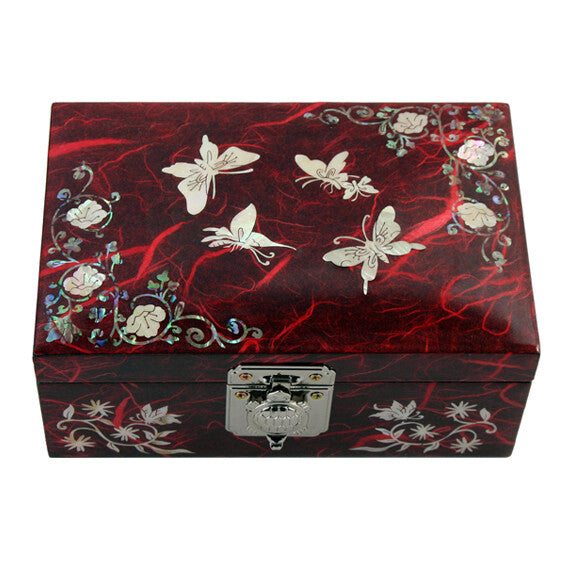 Mother of Pearl Butterfly Wood Red Small Mini Treasure Jewelry Trinket Box Chest