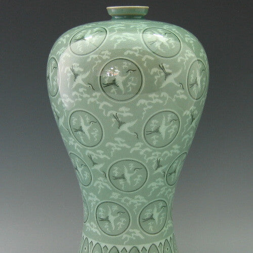 Celadon Green Ceramic Porcelain Pottery Bird Art Design Decorative Prunus Vase