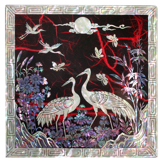 Mother of Pearl Inlay Red Lacquer Wood Jewelry Trinket Drawer Keepsake Box Case