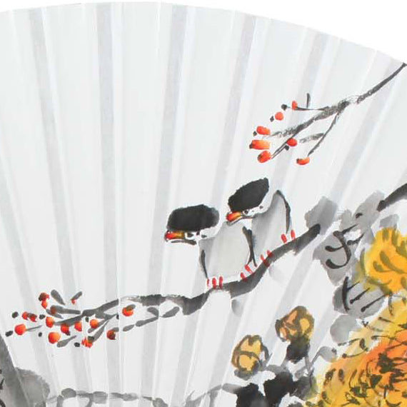 Handpaint Folding Paper Yellow Flower Painting Bamboo Wood Wall Hand Art Fan 