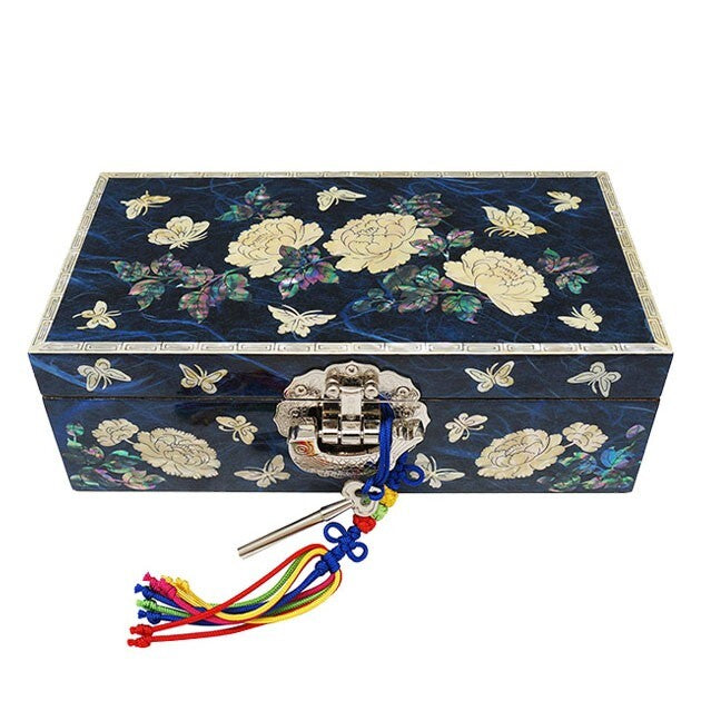 Mother of Pearl Blue Wood Jewelry Box Trinket Keepsake Organizer Chest Holder