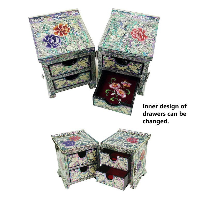 Mother of Pearl House Flower Wood Oriental Treasure Jewelry Ring Box Chest Case