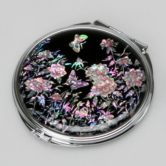 MOP Art Deco Black Pink Flower Purse Compact Cosmetic Makeup Round Vanity Mirror