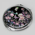 MOP Art Deco Black Pink Flower Purse Compact Cosmetic Makeup Round Vanity Mirror