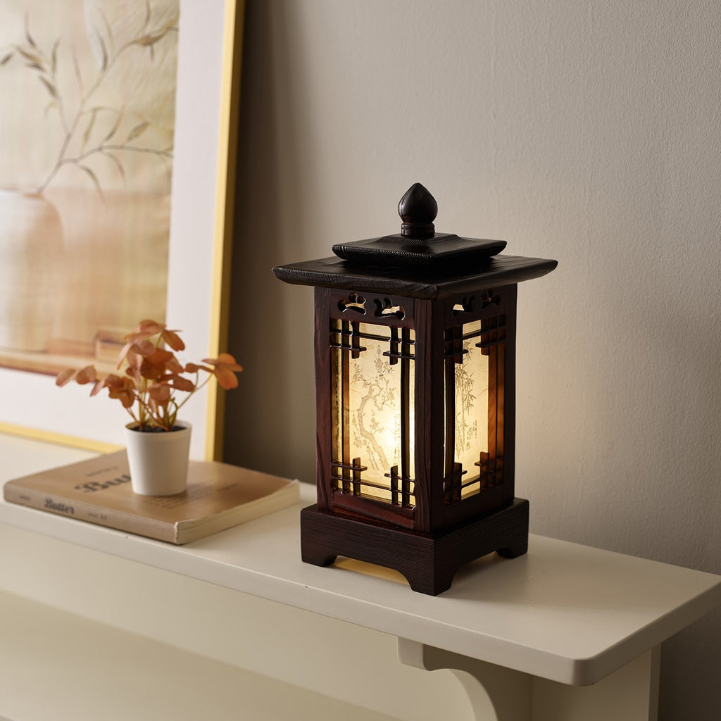 Carved Wood Art Lamp Lantern Brown Asian Bedside Bedroom Table Light Home Accent