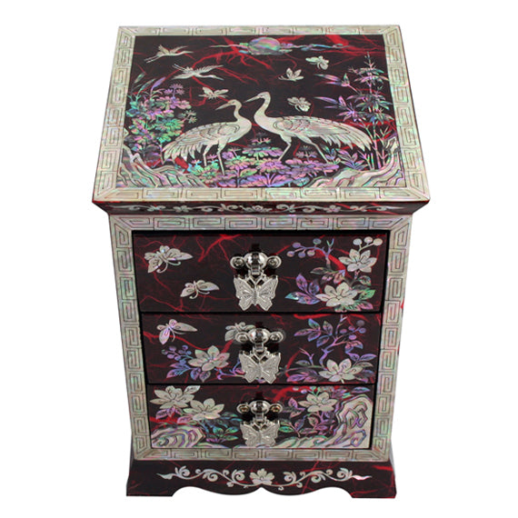 Mother of Pearl Inlay Red Lacquer Wood Jewelry Trinket Drawer Keepsake Box Case