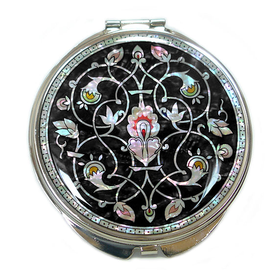 Mother of Pearl Double Compact Black Candle Round Pocket Vanity Makeup Mirror