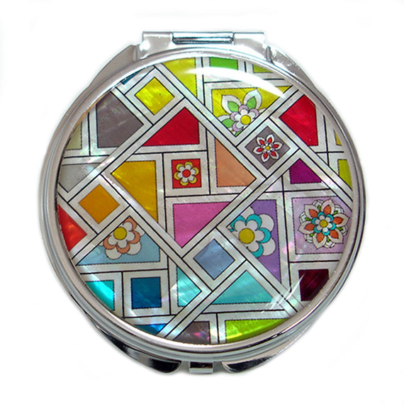 MOP Patchwork Mosaic Design Compact Cosmetic Purse Makeup Pocket Round Mirror 