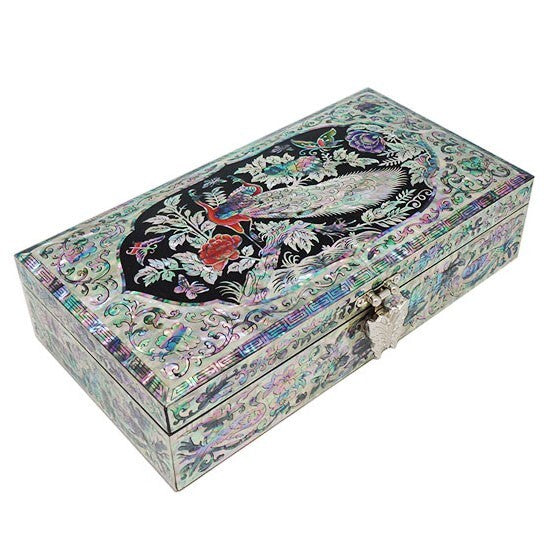 MOP Art Peacock Wood Keepsake Treasure Chest Jewelry Box Trinket Case Holder