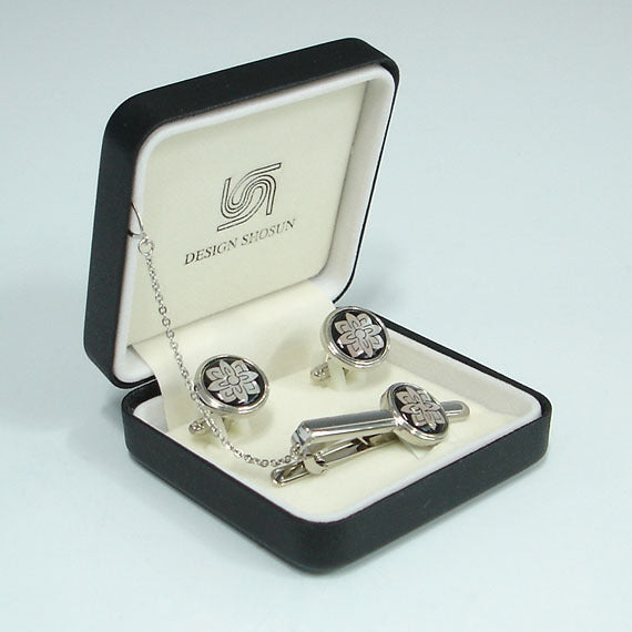 Mother of Pearl Round Black White Flower Tie Clip Bar Clasp Pin Cufflinks Set