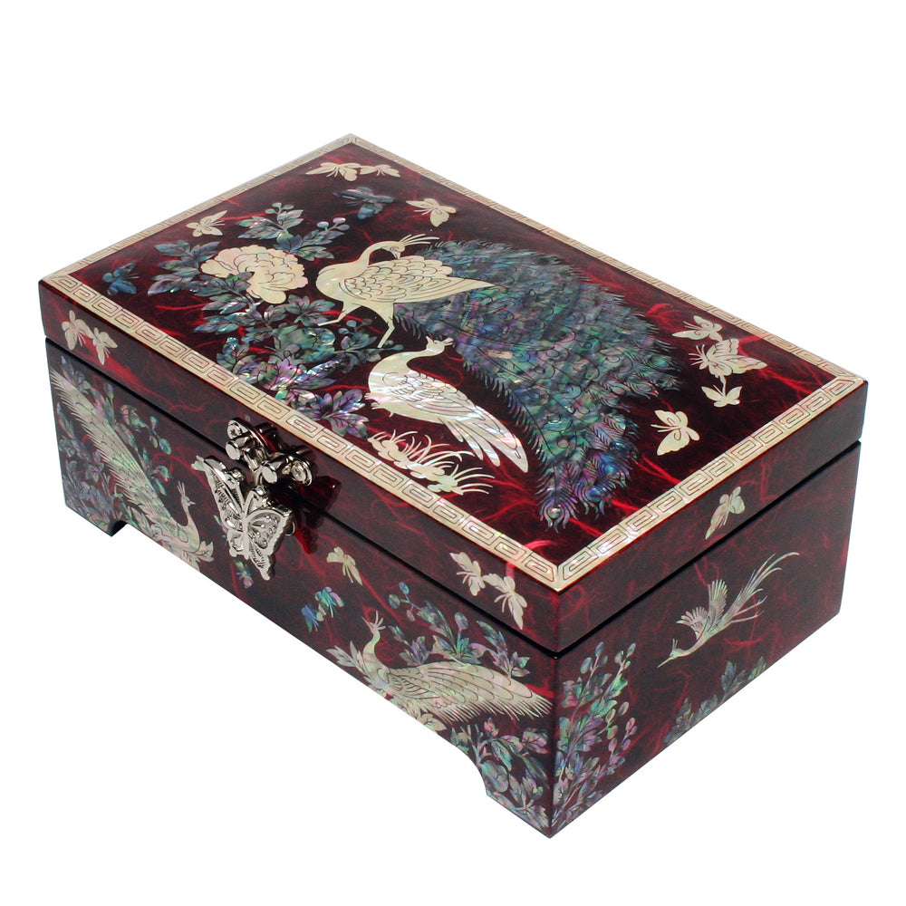 Mother of Pearl Peacock Wooden Red Jewelry Keepsake Trinket Treasure Chest Box 