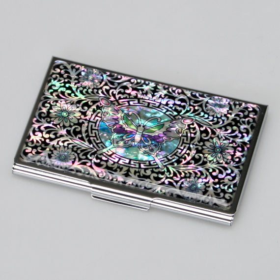 Mother of Pearl Black Purse Pocket Metal Business Credit Card Money Holder Case