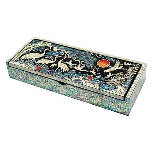 Mother of Pearl Inlay Desk Wood Pen Pencil Brush Holder Lid Case Box Organiz