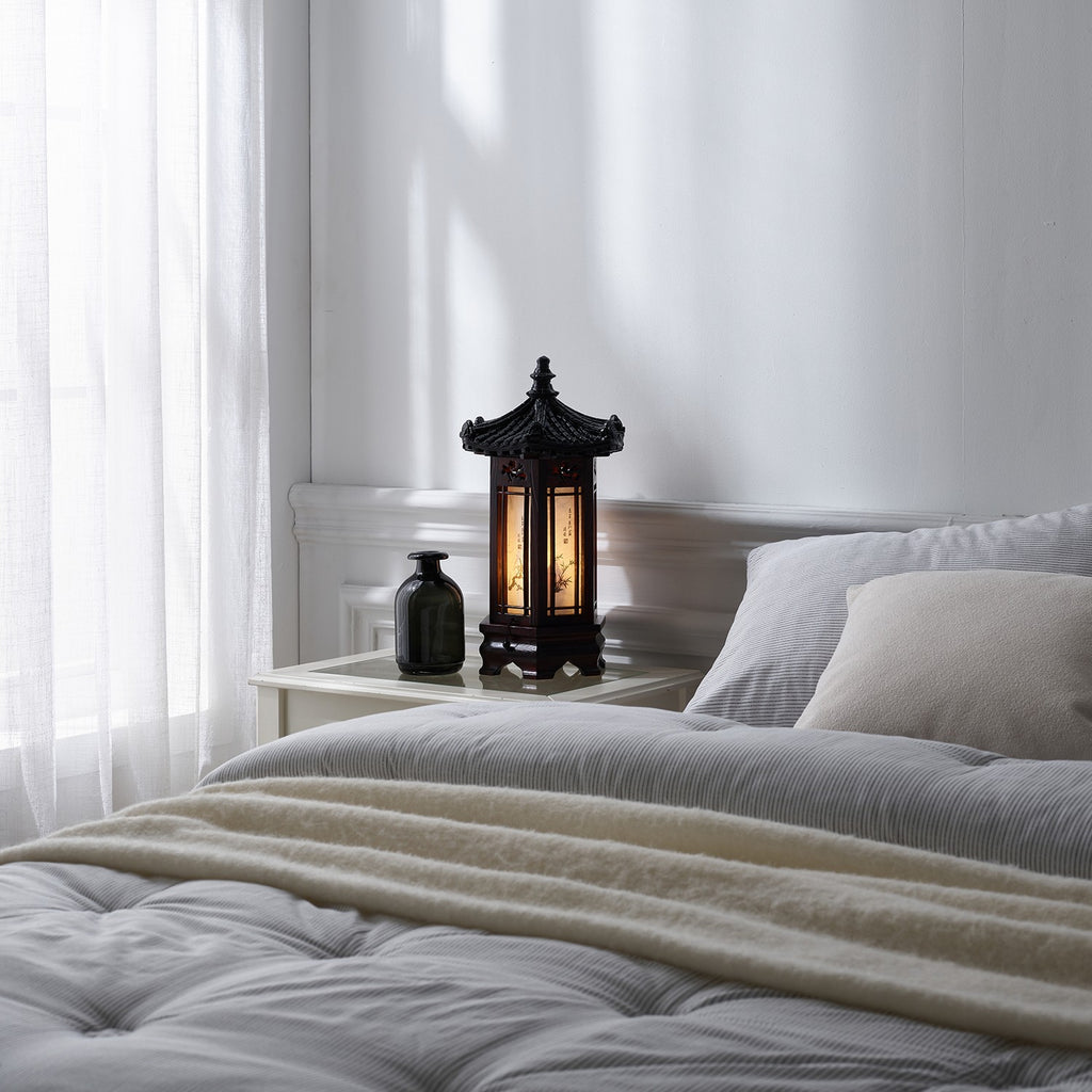 Hexagonal Carved Wood Lantern Brown Art Deco Bedside Bedroom Table Lamp Light