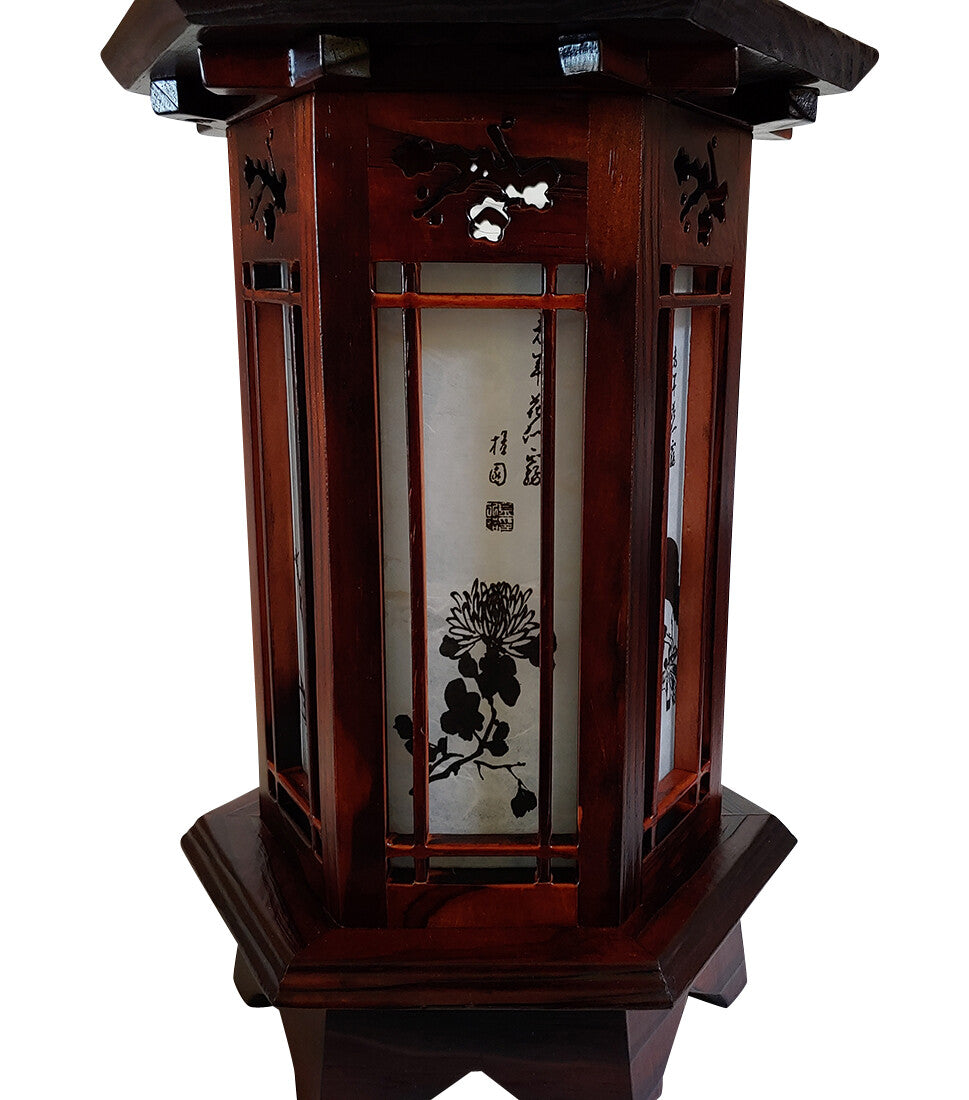 Hexagonal Carved Wood Art Deco Lantern Brown Bedside Bedroom Table Lamp Light