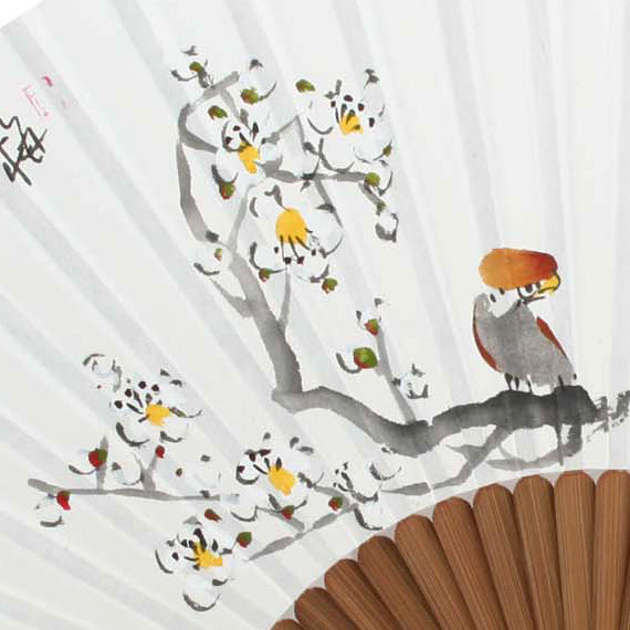Hand Folding Bird Plum Flower Design White Paper Flower Painting Wall Asian Fan