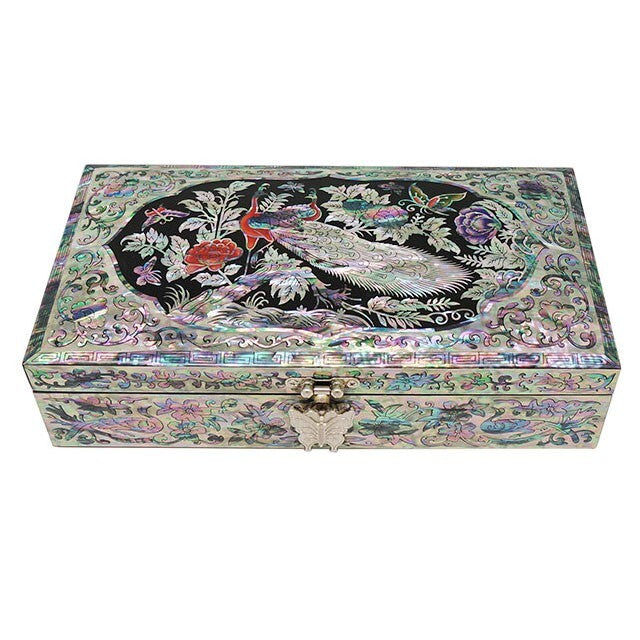 MOP Art Peacock Wood Keepsake Treasure Chest Jewelry Box Trinket Case Holder