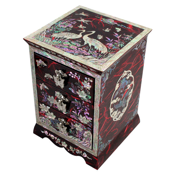 Mother of Pearl Inlay Red Lacquer Wood Jewelry Trinket Drawer Keepsake Box Case