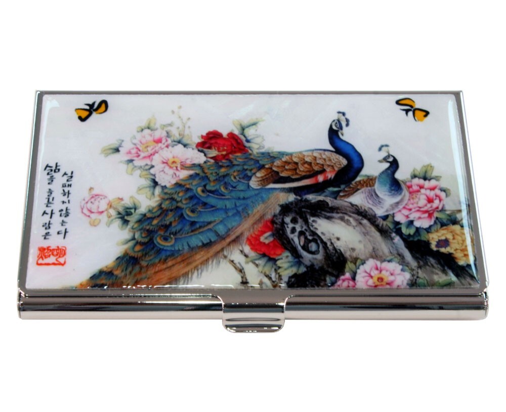 Mother of Pearl Peacock Metal RFID Block Business Credit Name Card Case Holder