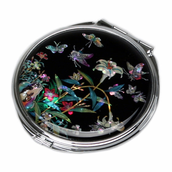 Korean Shell Compact Mirror – Mother of Pearl Inlay Lily Travel Pocket Mirror