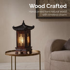 Carved Wood Art Home Deco Lantern Brown Square Bedside Bedroom Table Lamp Light